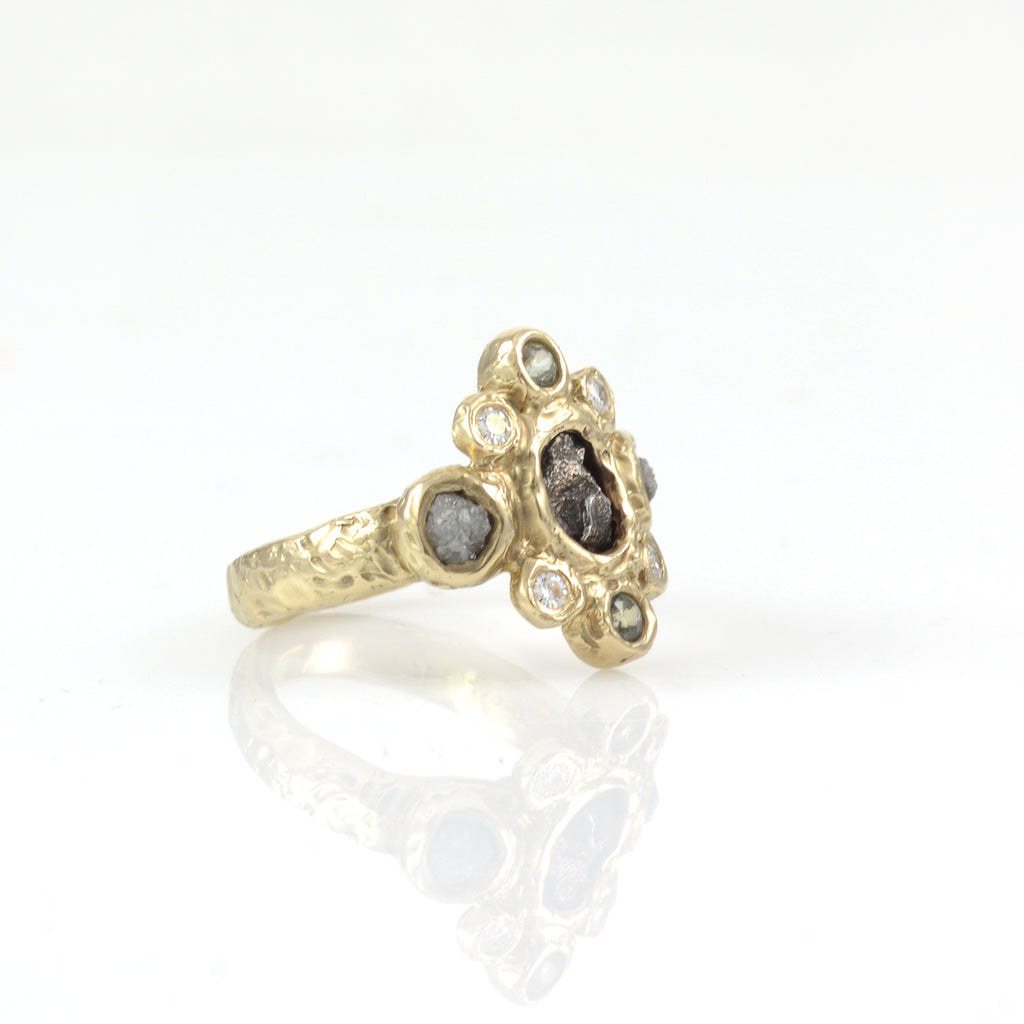 Meteorite Ring with Rough Diamonds, Sapphires and Moissanite in 14k Yellow Gold - Ready to Ship