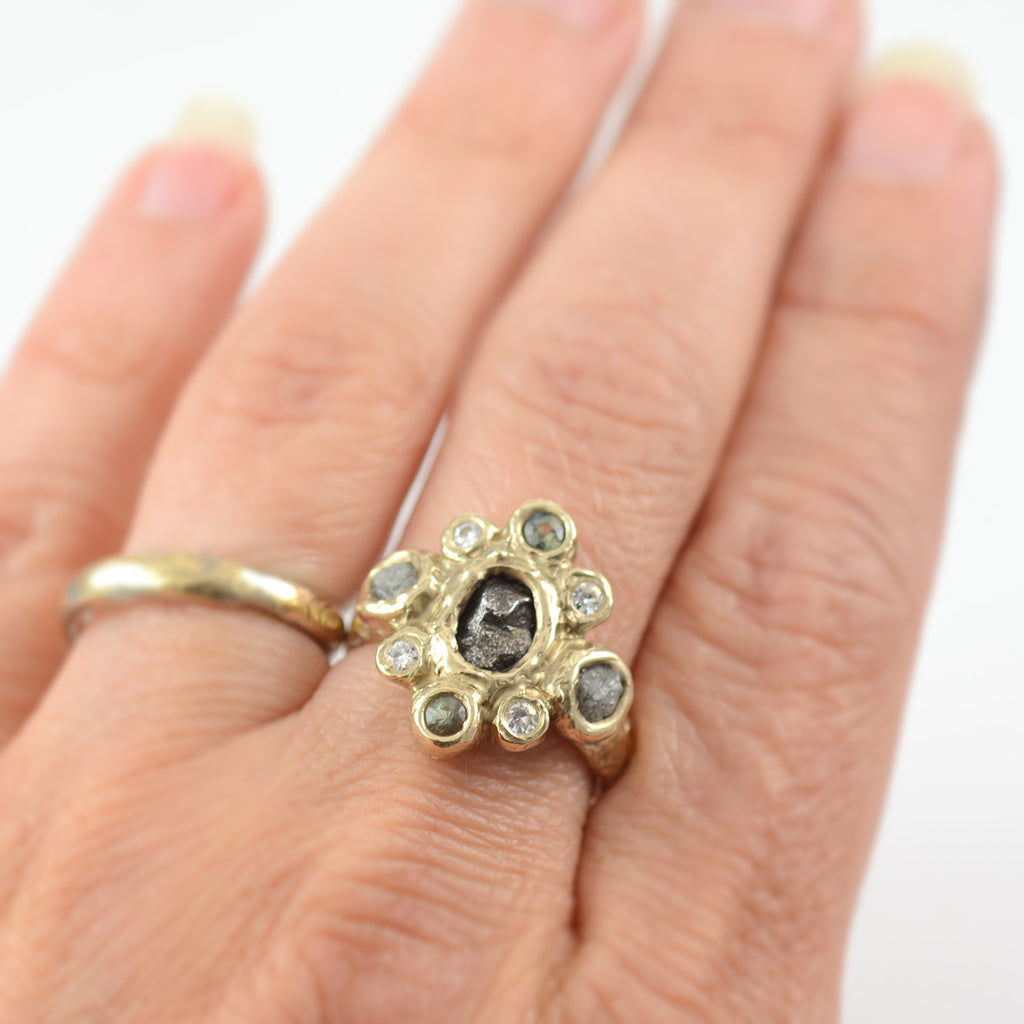 Meteorite Ring with Rough Diamonds, Sapphires and Moissanite in 14k Yellow Gold - Ready to Ship