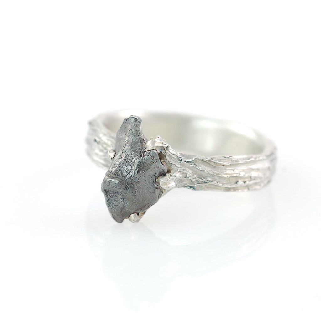 Tree Bark Ring with Meteorite in Palladium Sterling Silver - size 6.25 - Ready to Ship - Beth Cyr Handmade Jewelry