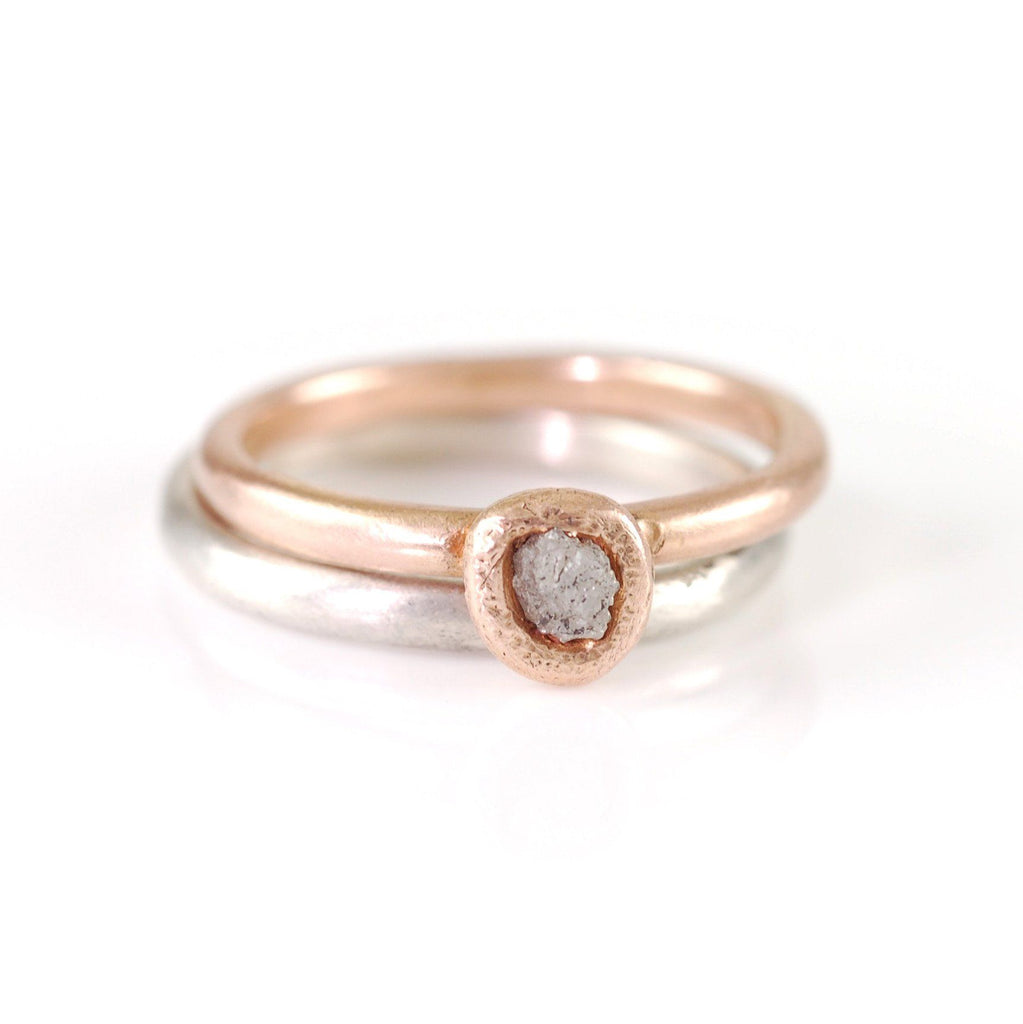 Mixed Metal Simplicity Ring Set - 14k Rose Gold and Palladium Sterling Silver with Gray Rough Diamond - size 7 - Ready to Ship - Beth Cyr Handmade Jewelry