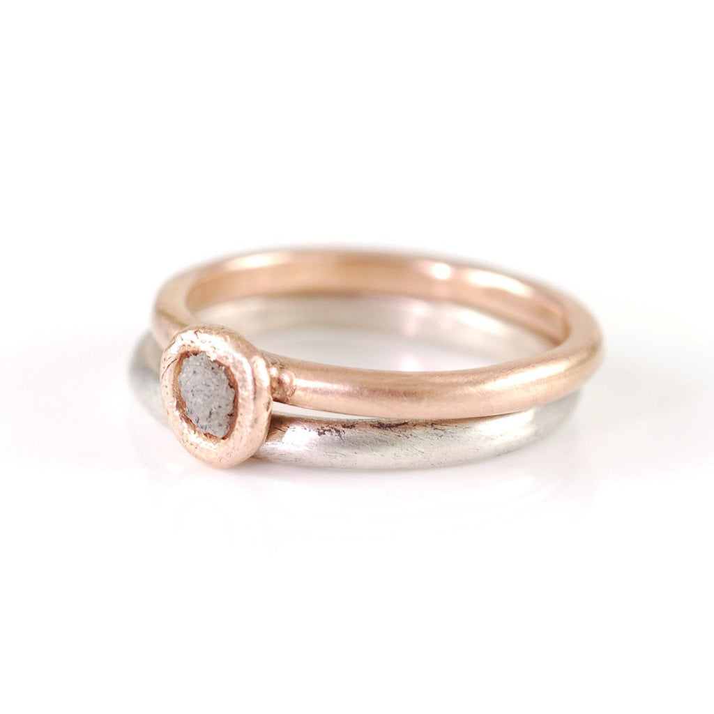 Mixed Metal Simplicity Ring Set - 14k Rose Gold and Palladium Sterling Silver with Gray Rough Diamond - size 7 - Ready to Ship - Beth Cyr Handmade Jewelry