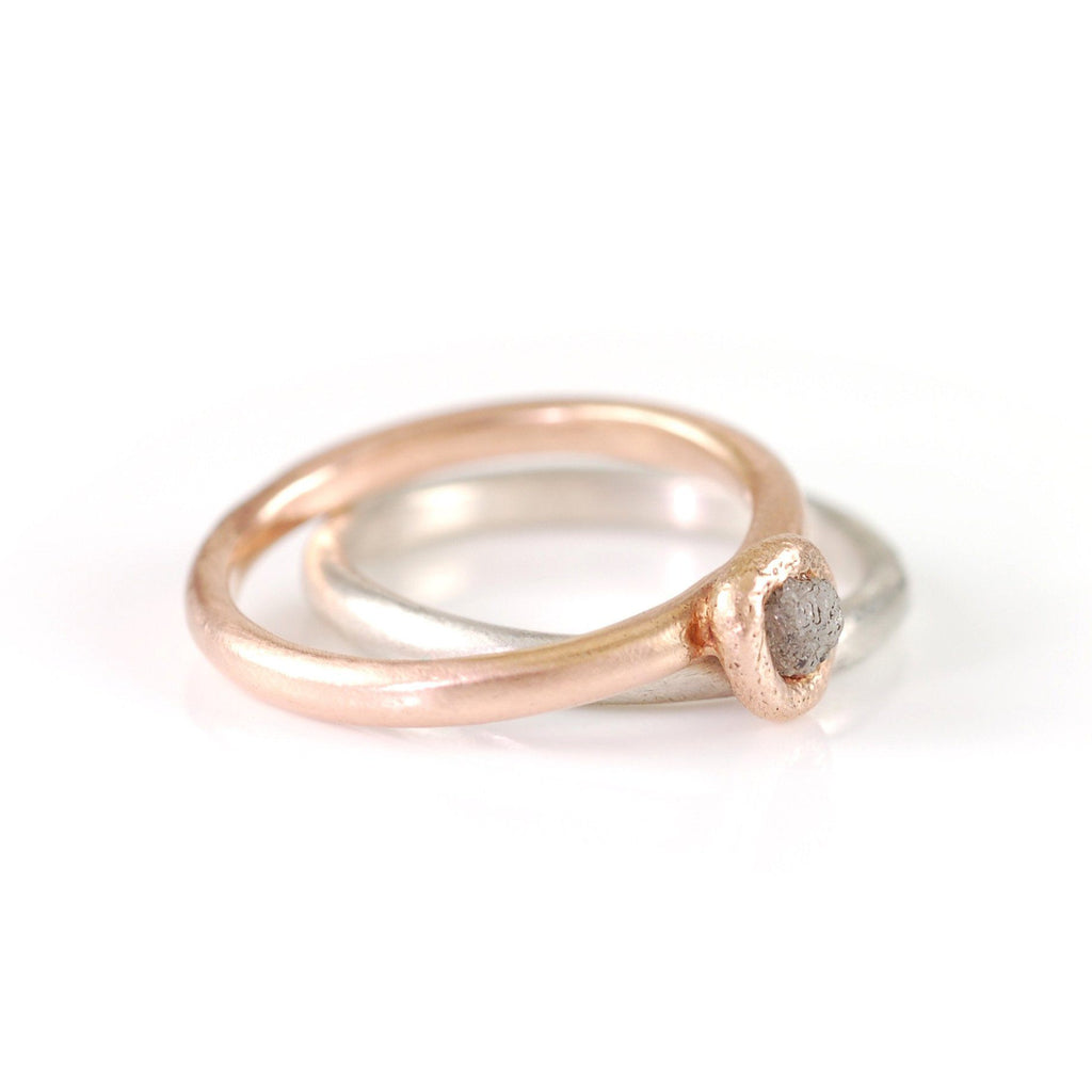 Mixed Metal Simplicity Ring Set - 14k Rose Gold and Palladium Sterling Silver with Gray Rough Diamond - size 7 - Ready to Ship - Beth Cyr Handmade Jewelry