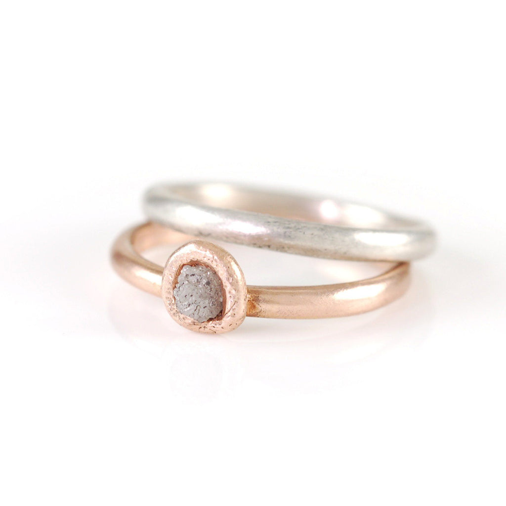 Mixed Metal Simplicity Ring Set - 14k Rose Gold and Palladium Sterling Silver with Gray Rough Diamond - size 7 - Ready to Ship - Beth Cyr Handmade Jewelry