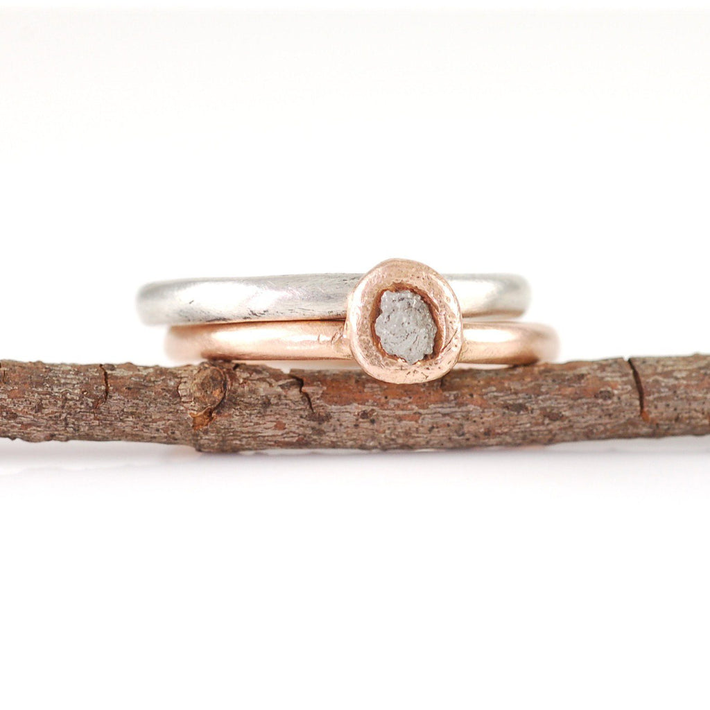 Mixed Metal Simplicity Ring Set - 14k Rose Gold and Palladium Sterling Silver with Gray Rough Diamond - size 7 - Ready to Ship - Beth Cyr Handmade Jewelry