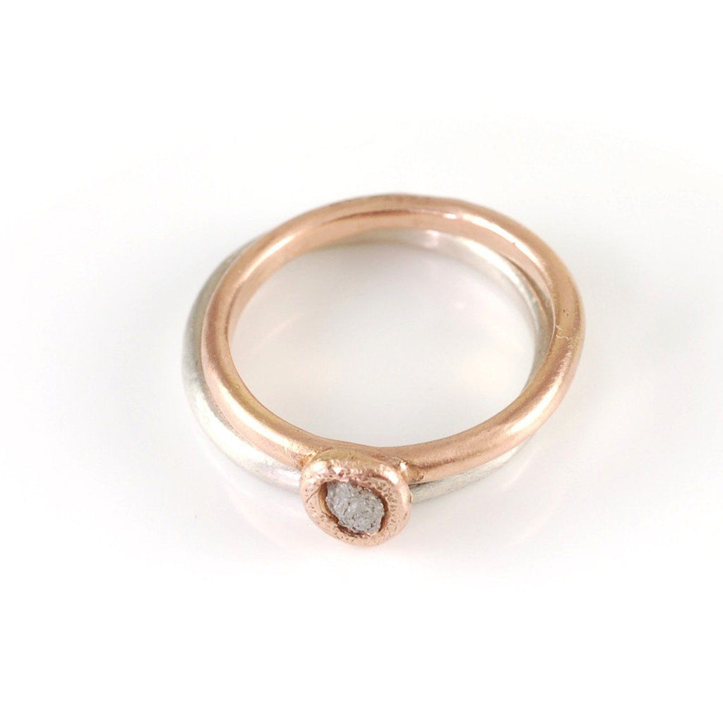 Mixed Metal Simplicity Ring Set - 14k Rose Gold and Palladium Sterling Silver with Gray Rough Diamond - size 7 - Ready to Ship - Beth Cyr Handmade Jewelry