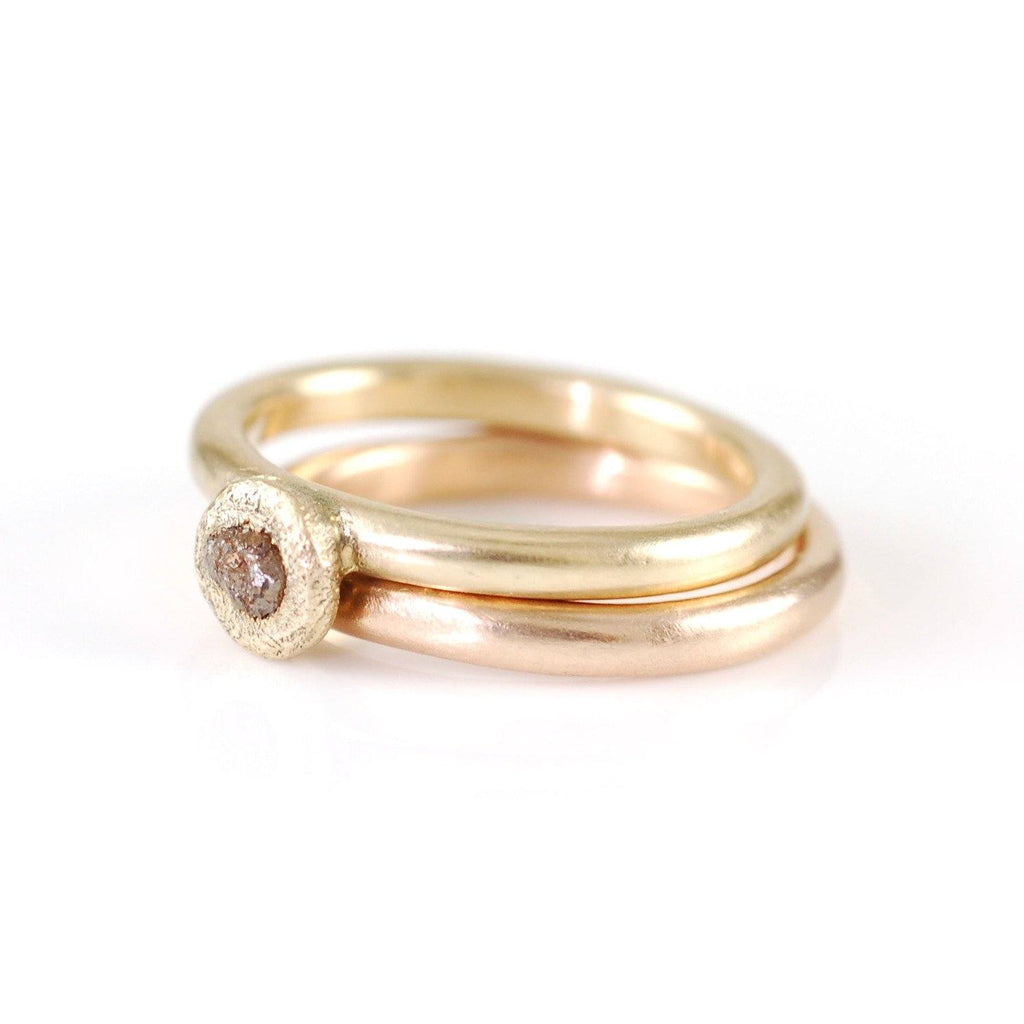 Mixed Metal Simplicity Ring Set - 14k Peach Gold and 14k Yellow Gold with Grey Rough Diamond - size 5 3/8 - Ready to Ship - Beth Cyr Handmade Jewelry