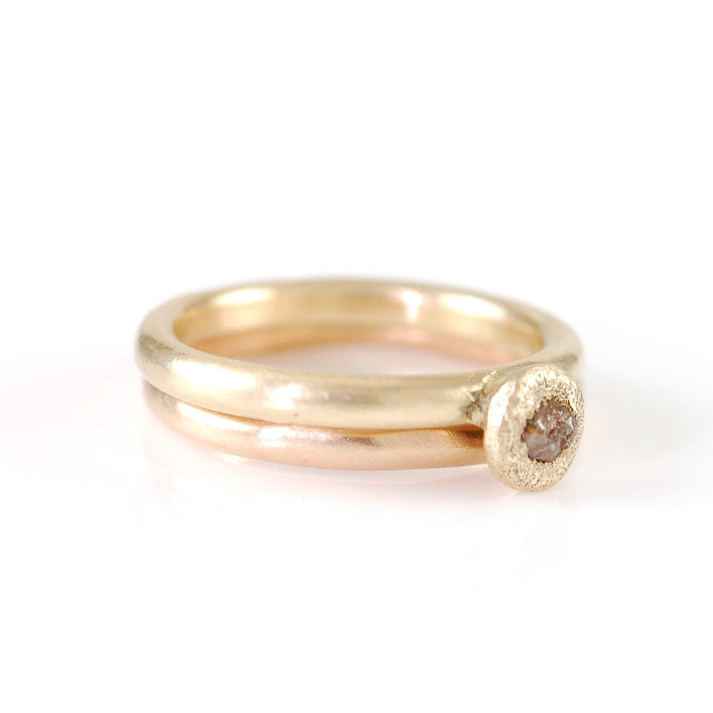 Mixed Metal Simplicity Ring Set - 14k Peach Gold and 14k Yellow Gold with Grey Rough Diamond - size 5 3/8 - Ready to Ship - Beth Cyr Handmade Jewelry