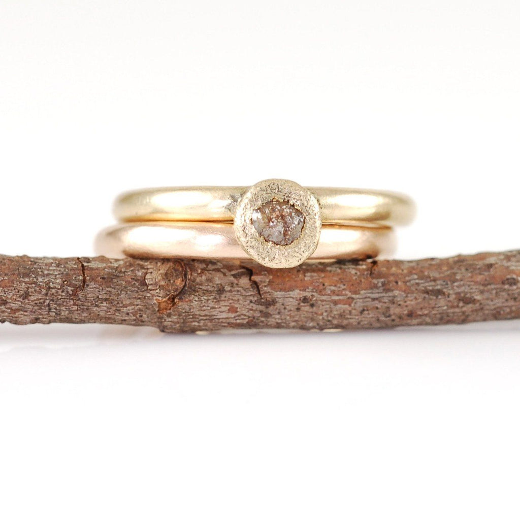 Mixed Metal Simplicity Ring Set - 14k Peach Gold and 14k Yellow Gold with Grey Rough Diamond - size 5 3/8 - Ready to Ship - Beth Cyr Handmade Jewelry