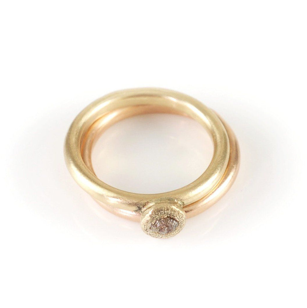 Mixed Metal Simplicity Ring Set - 14k Peach Gold and 14k Yellow Gold with Grey Rough Diamond - size 5 3/8 - Ready to Ship - Beth Cyr Handmade Jewelry