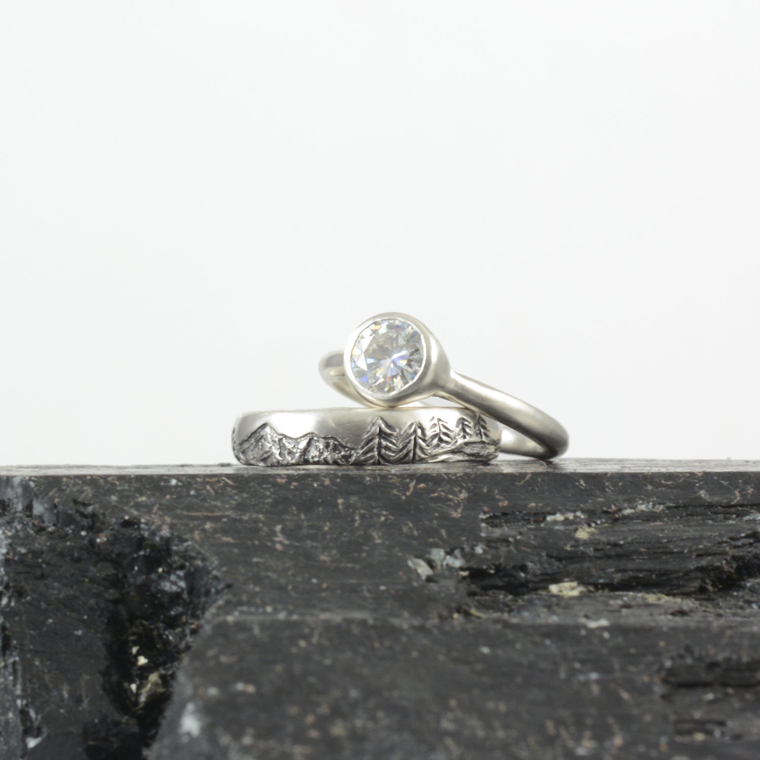 Landscape band with moissanite simplicity ring - final balance