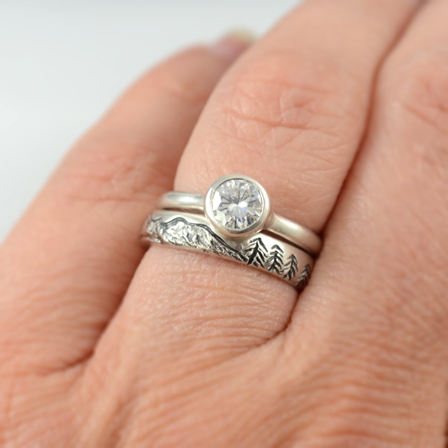 Landscape band with moissanite simplicity ring - final balance