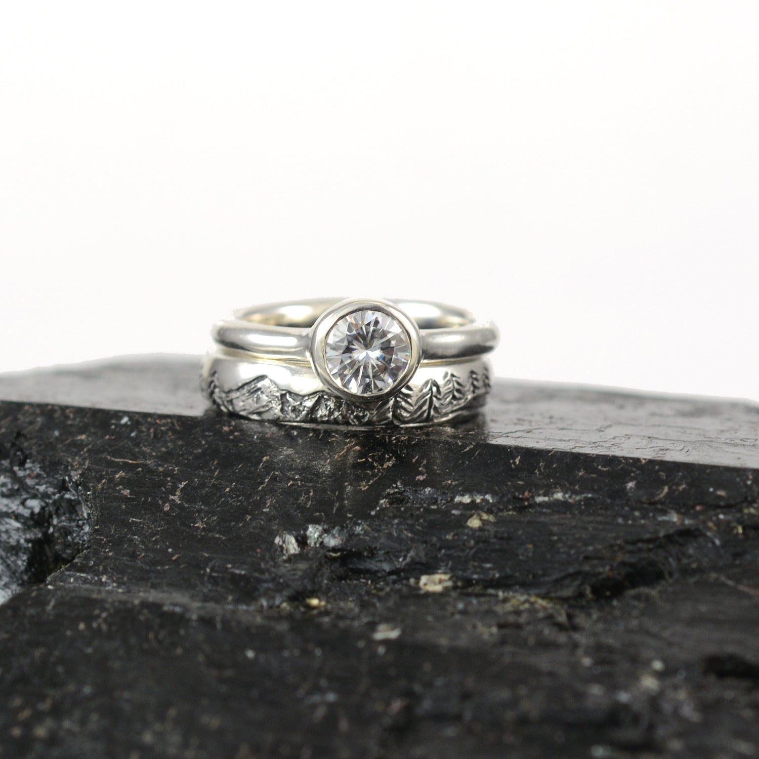 Landscape band with moissanite simplicity ring - final balance
