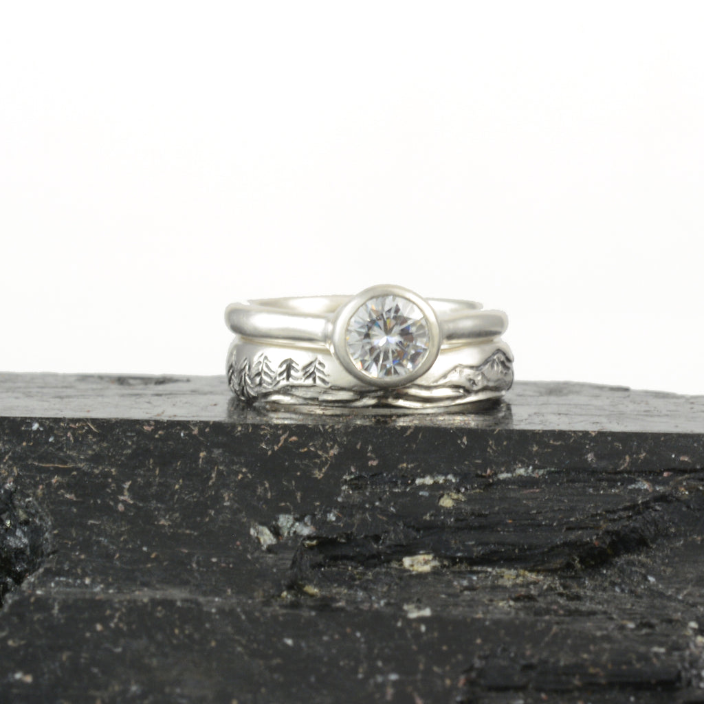 Landscape band with moissanite simplicity ring - final balance