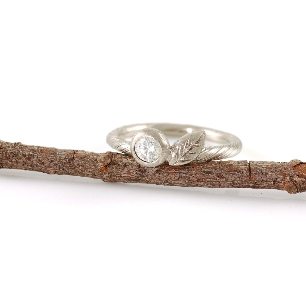 Palladium Sterling Silver Vine and Leaf Ring with 4mm White Sapphire - Beth Cyr Handmade Jewelry