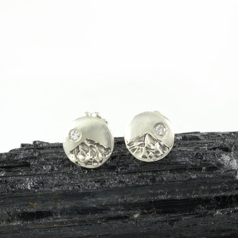 Landscape Earrings - Mountain with Moissanite Sterling Silver Post Earrings - Ready to Ship