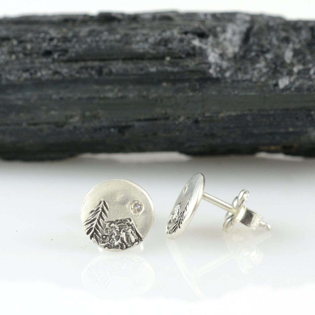 Landscape Earrings - Tree and Mountain with Moissanite Sterling Silver Post Earrings - Ready to Ship