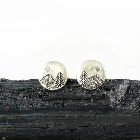 Landscape Earrings - Tree and Mountain with Moissanite Sterling Silver Post Earrings - Ready to Ship
