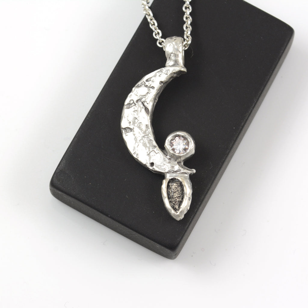 Moon pendant with Meteorite and Moissanite in Sterling Silver - Ready to Ship