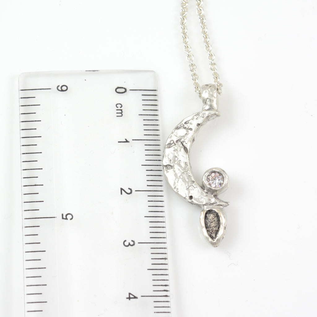 Moon pendant with Meteorite and Moissanite in Sterling Silver - Ready to Ship
