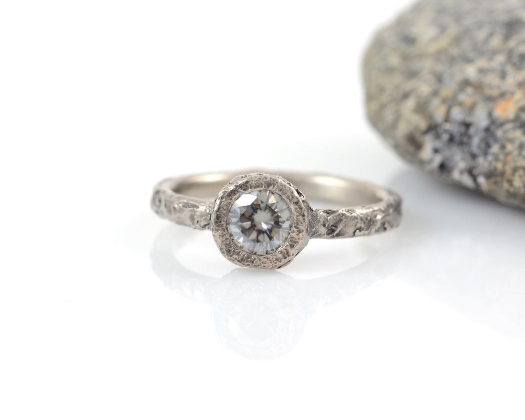 Mountain Texture Engagement Ring with Moissanite in Palladium/Silver - Made to Order - Beth Cyr Handmade Jewelry