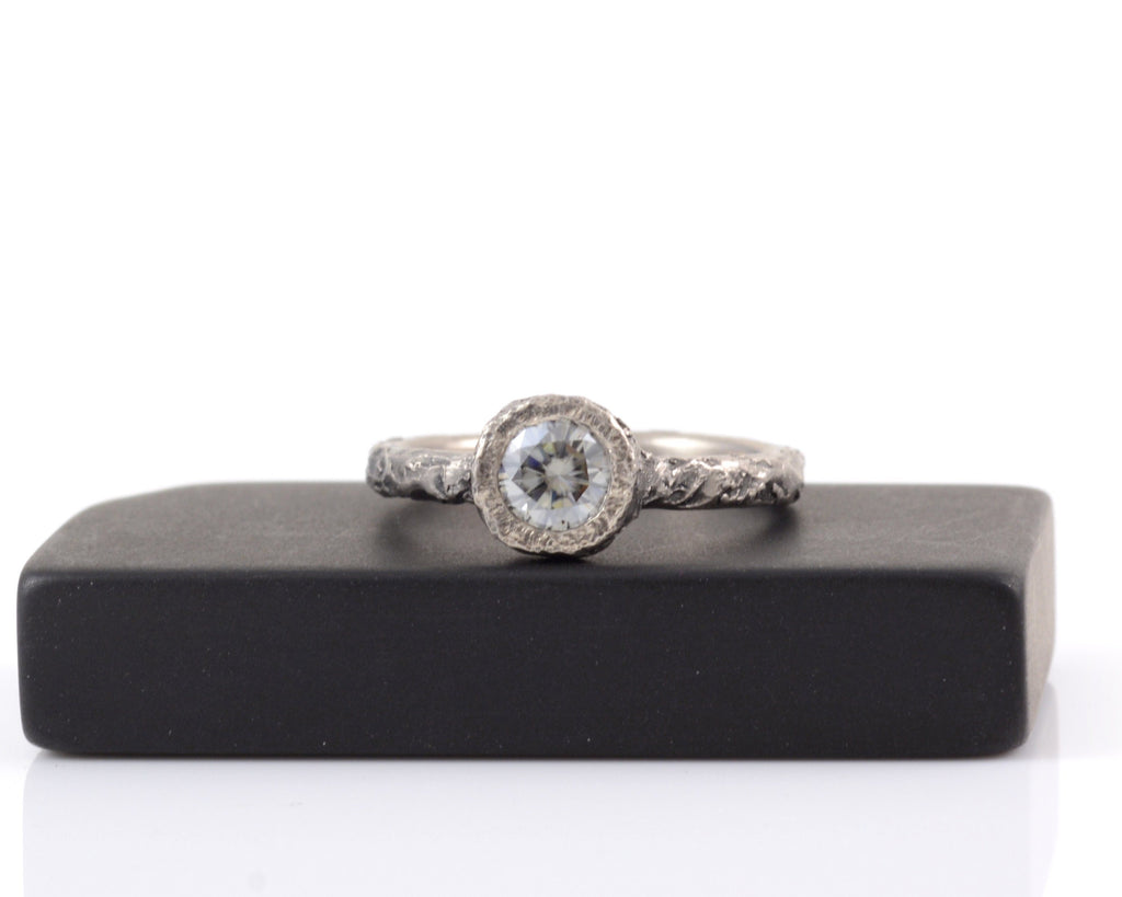 Mountain Ring Set with Dark Gray Moissanite in Palladium/Silver - size 6 - Ready to Ship - Beth Cyr Handmade Jewelry