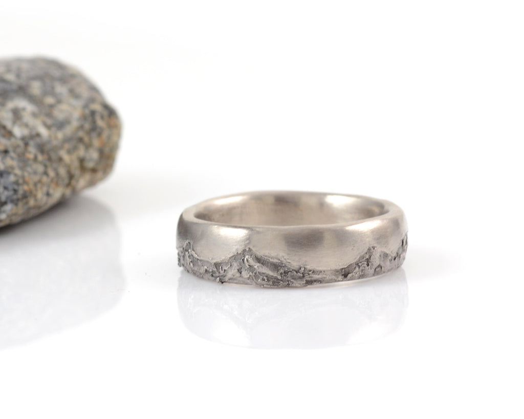 Mountain Ring Set with Dark Gray Moissanite in Palladium/Silver - size 6 - Ready to Ship - Beth Cyr Handmade Jewelry