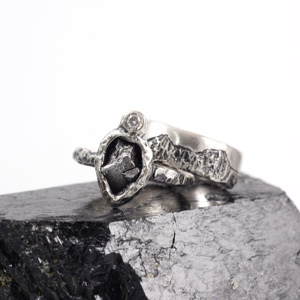 Mountain Meteorite and Moissanite Ring Set in Palladium Sterling Silver - size 6 1/2 - Ready to Ship - Beth Cyr Handmade Jewelry