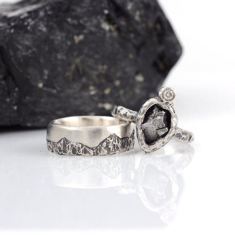 Reserved for Liza- Mountain Meteorite and Moissanite Ring Set in Palladium Sterling Silver - size 6 1/2 - Ready to Ship
