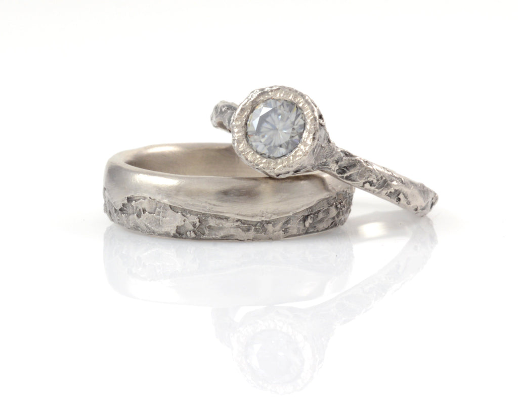 Mountain Texture Engagement Ring with Moissanite in Palladium/Silver - Made to Order - Beth Cyr Handmade Jewelry