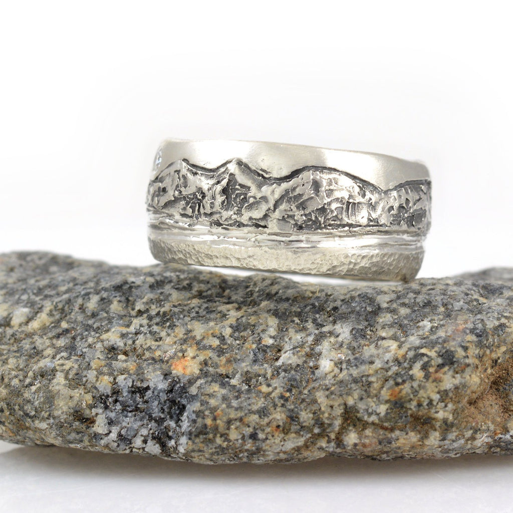 Mountain, Sea and Sand Ring in Palladium Sterling Silver with Moissanite - Size 8 - Ready to Ship - Beth Cyr Handmade Jewelry