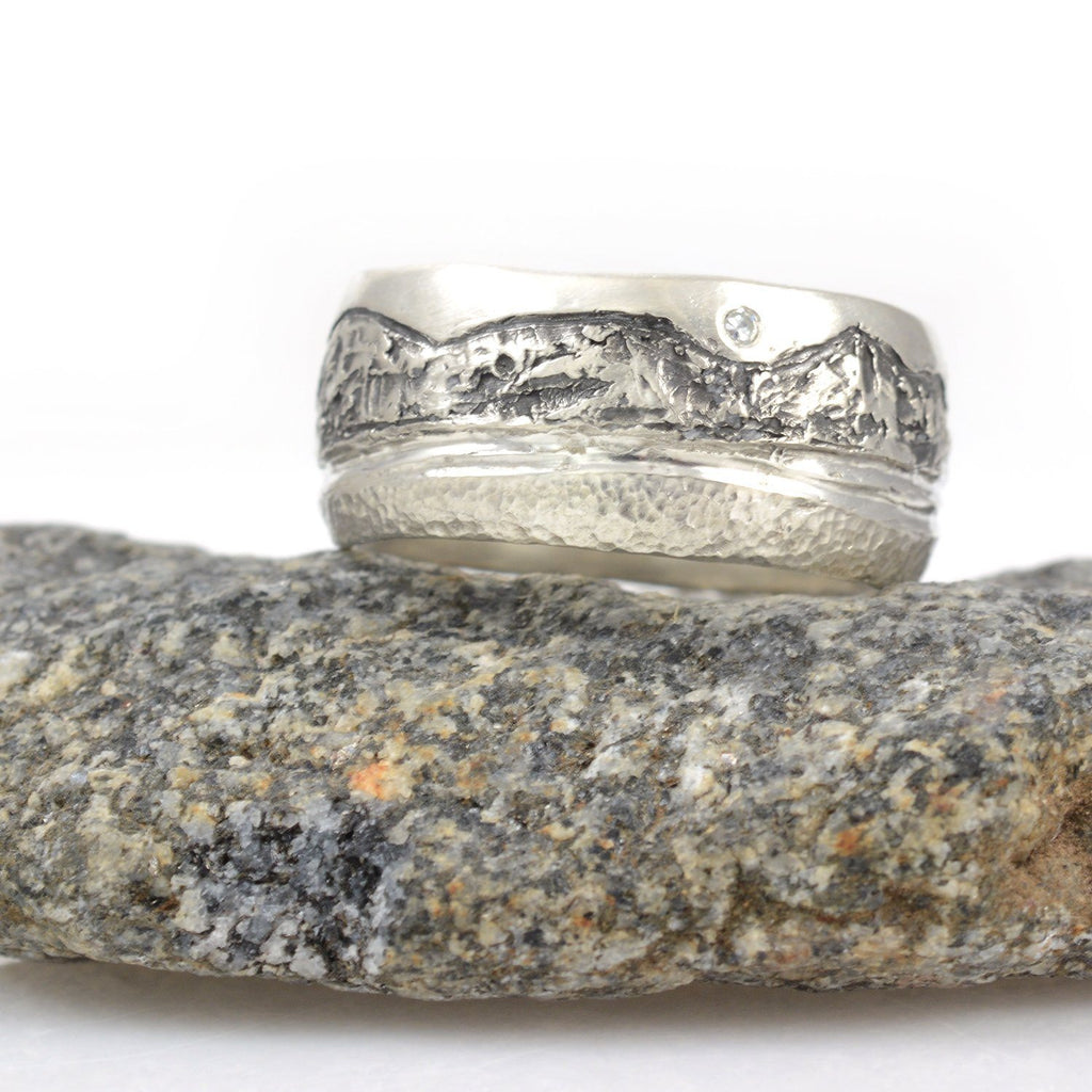 Mountain, Sea and Sand Ring in Palladium Sterling Silver with Moissanite - Size 8 - Ready to Ship - Beth Cyr Handmade Jewelry
