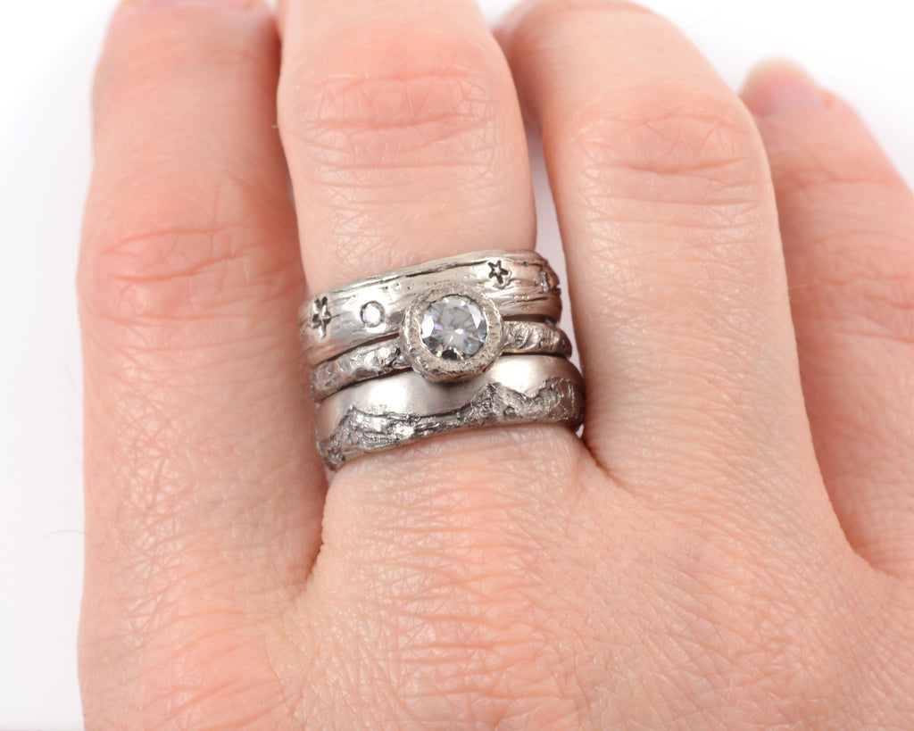 Mountain Ring Set with Dark Gray Moissanite in Palladium/Silver - size 6 - Ready to Ship - Beth Cyr Handmade Jewelry