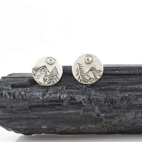 Landscape Earrings - Mountain, Tree and Moon Sterling Silver Post Earrings - Ready to Ship