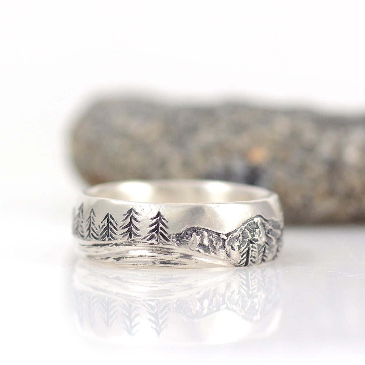 Mountain, Tree and Sea Wedding Rings in Palladium Sterling Silver  - Made to Order - Beth Cyr Handmade Jewelry