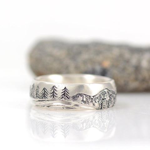 Mountain, Tree and Sea Ring in Palladium Sterling Silver, 7mm, size 9  - Ready to Ship - Beth Cyr Handmade Jewelry