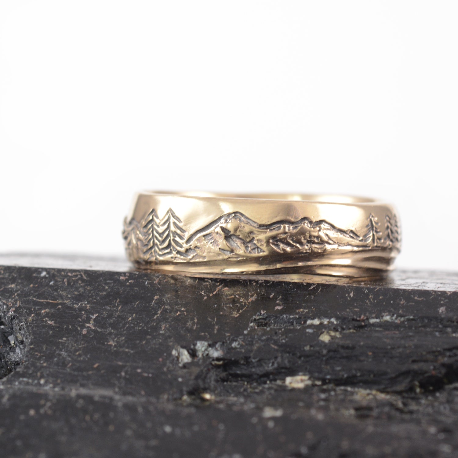 Mountain, Tree, and Sea Wedding Rings in Yellow Gold - Made to Order - DEPOSIT ONLY - please read description