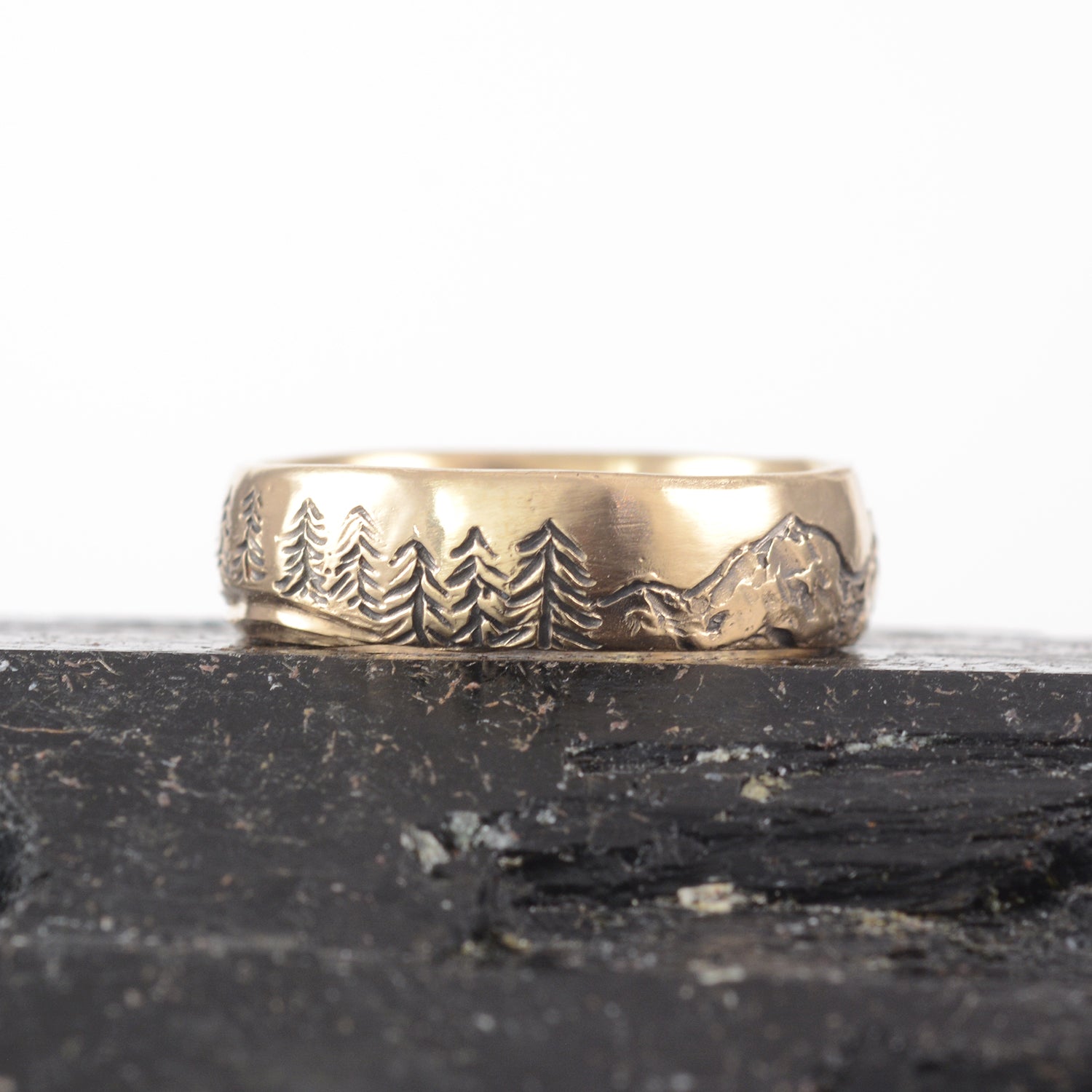 Mountain, Tree, and Sea Wedding Rings in Yellow Gold - Made to Order - DEPOSIT ONLY - please read description