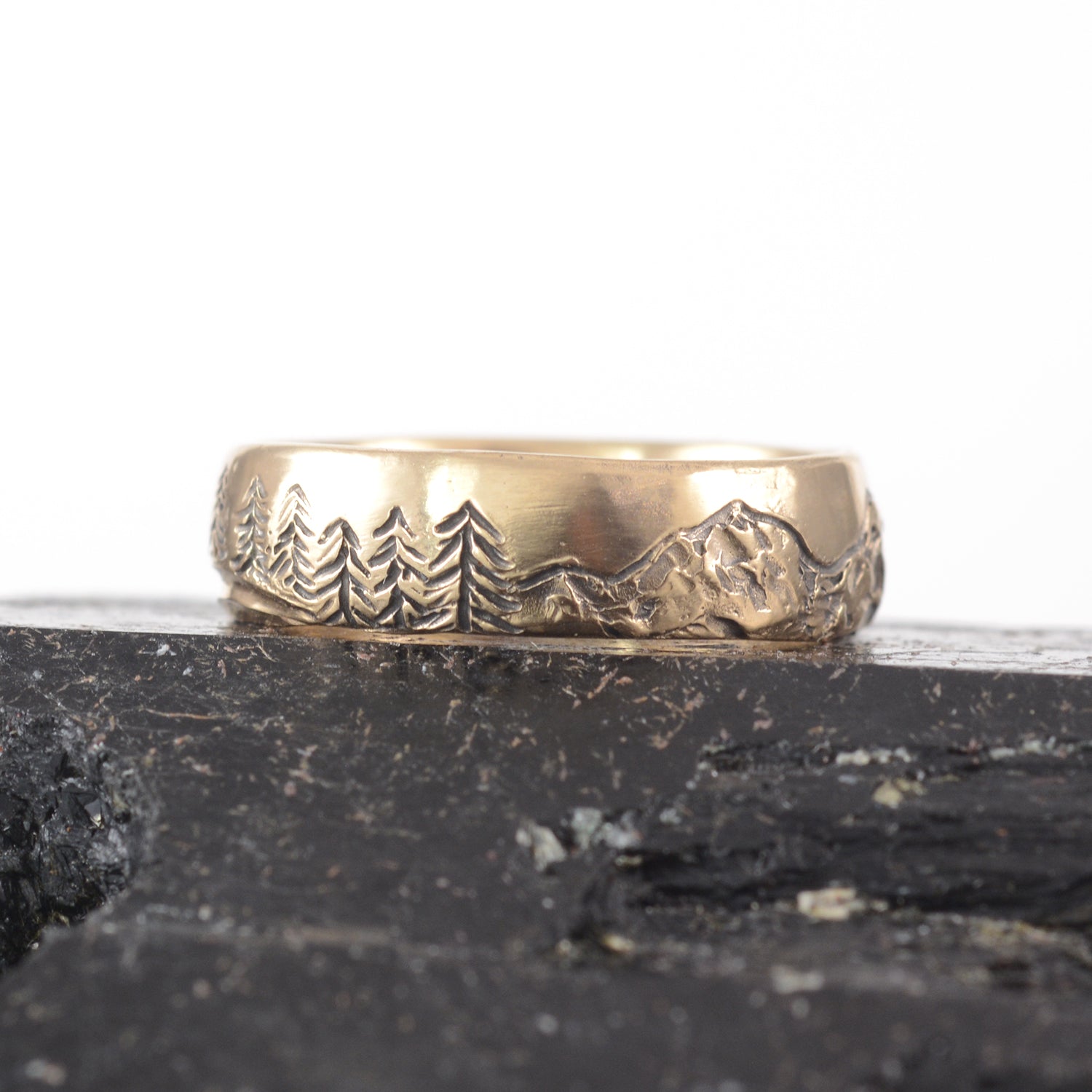 Mountain, Tree, and Sea Wedding Rings in Yellow Gold - Made to Order - DEPOSIT ONLY - please read description
