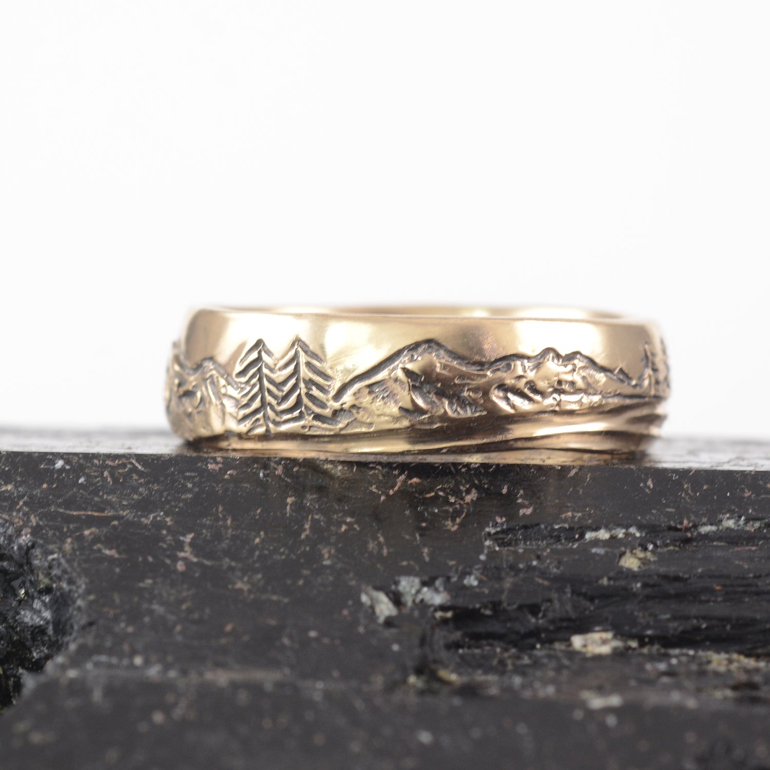 Mountain, Tree, and Sea Wedding Rings in Yellow Gold - Made to Order - DEPOSIT ONLY - please read description