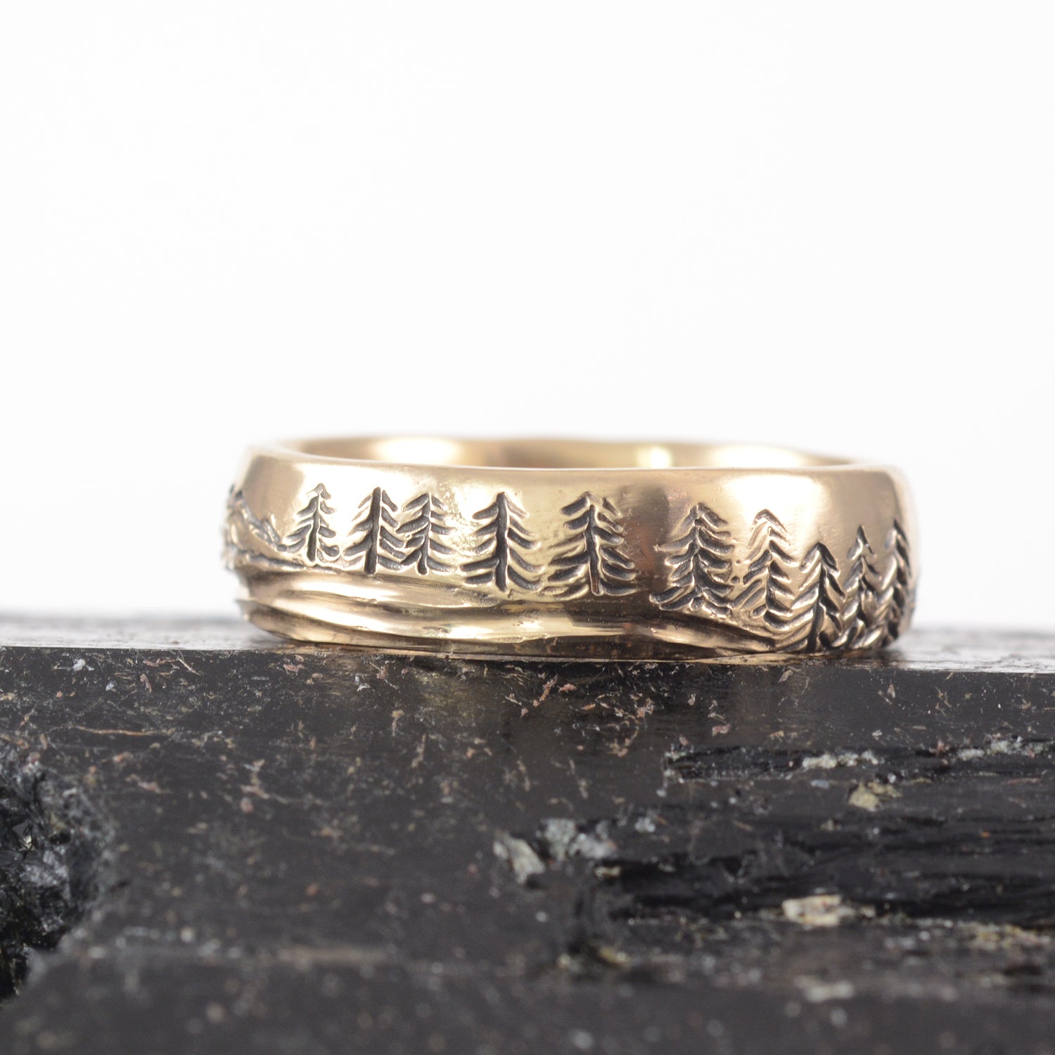 Mountain, Tree, and Sea Wedding Rings in Yellow Gold - Made to Order - DEPOSIT ONLY - please read description