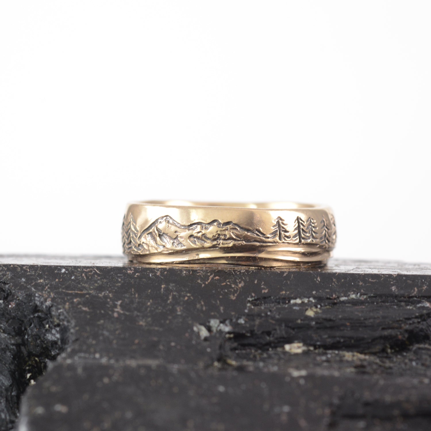 Mountain, Tree, and Sea Wedding Rings in Yellow Gold - Made to Order - DEPOSIT ONLY - please read description