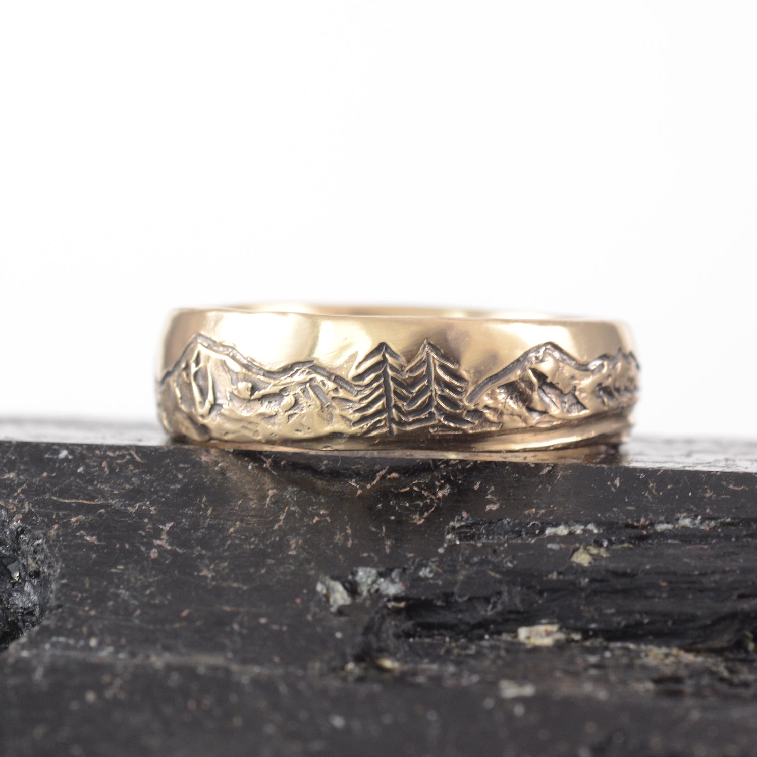 Mountain, Tree, and Sea Wedding Rings in Yellow Gold - Made to Order - DEPOSIT ONLY - please read description
