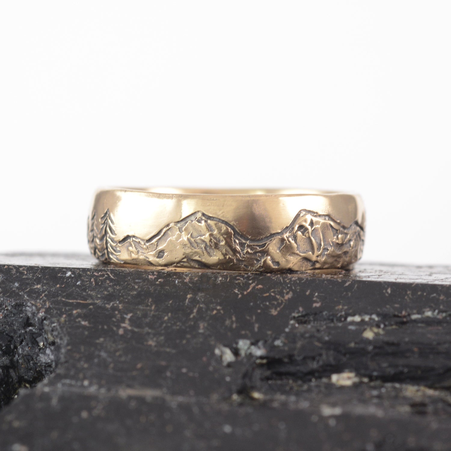 Mountain, Tree, and Sea Wedding Rings in Yellow Gold - Made to Order - DEPOSIT ONLY - please read description