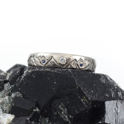 Custom order for  Laura - palladium/silver cascade mountains and lakes with moissanite and sapphires - Beth Cyr Handmade Jewelry