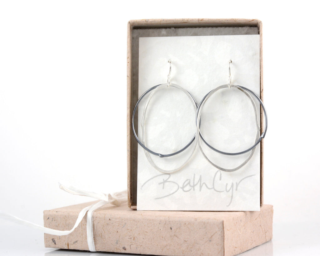 Night and Day Earrings - Argentium Sterling Silver Intertwined Circle and Oval - Ready to Ship - Beth Cyr Handmade Jewelry