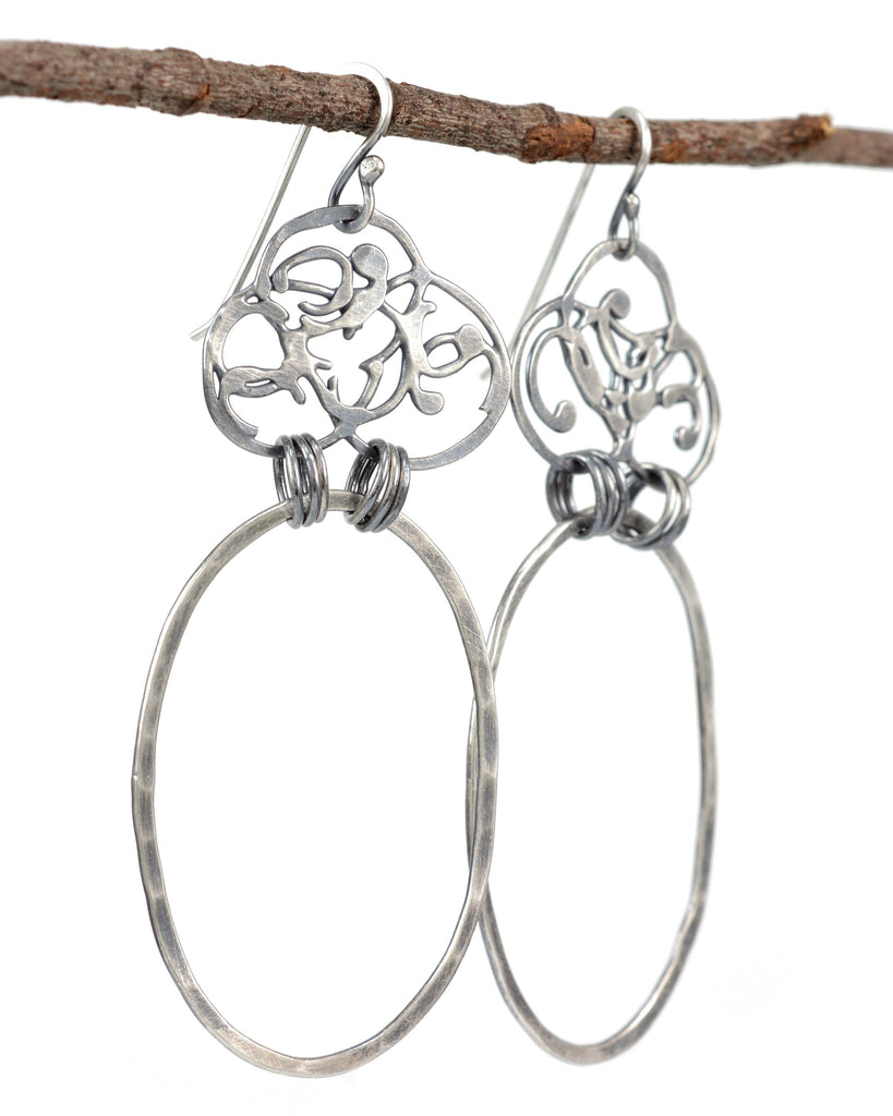 Organic Vine and Large Oval Earrings in Sterling Silver - Ready to Ship - Beth Cyr Handmade Jewelry
