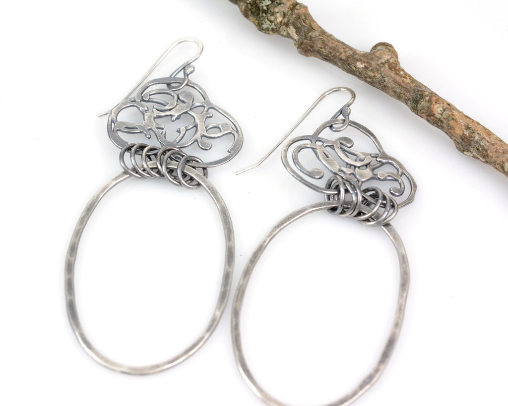 Organic Vine and Large Oval Earrings in Sterling Silver - Ready to Ship - Beth Cyr Handmade Jewelry