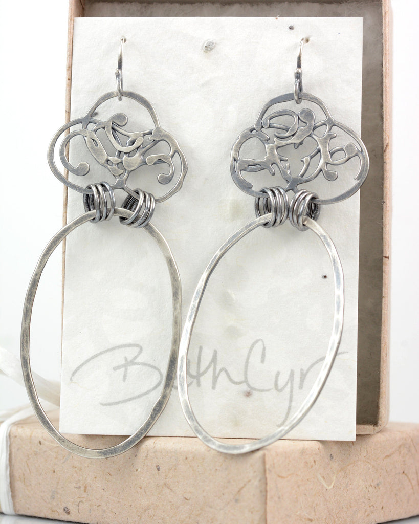 Organic Vine and Large Oval Earrings in Sterling Silver - Ready to Ship - Beth Cyr Handmade Jewelry