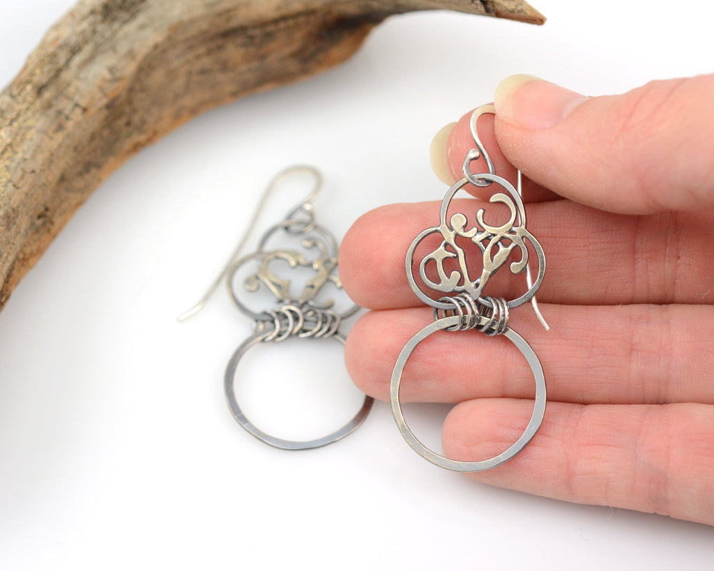 Organic Vine and Medium Circle Earrings in Sterling Silver - Ready to Ship - Beth Cyr Handmade Jewelry