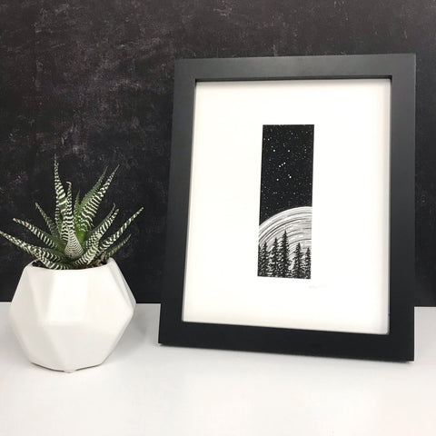 Orion Beyond Space and Time -Trees and Star Trails - Pen and Ink Drawing Print - Beth Cyr Handmade Jewelry